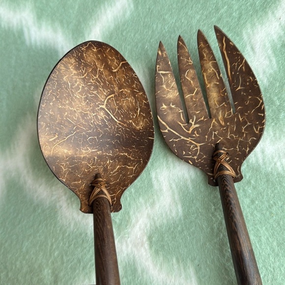 Vintage Handcrafted Wooden woven coconut Spoon and Fork Set - Picture 2 of 7